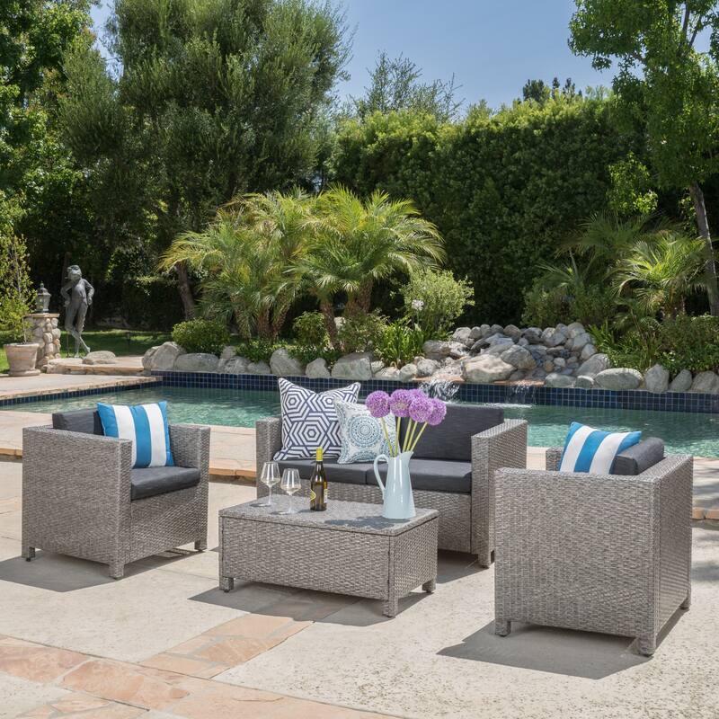 Roomfitters 4-Piece Outdoor Wicker Patio Furniture Set with Cushions and Coffee Table, All-Weather Rattan Sofa Set