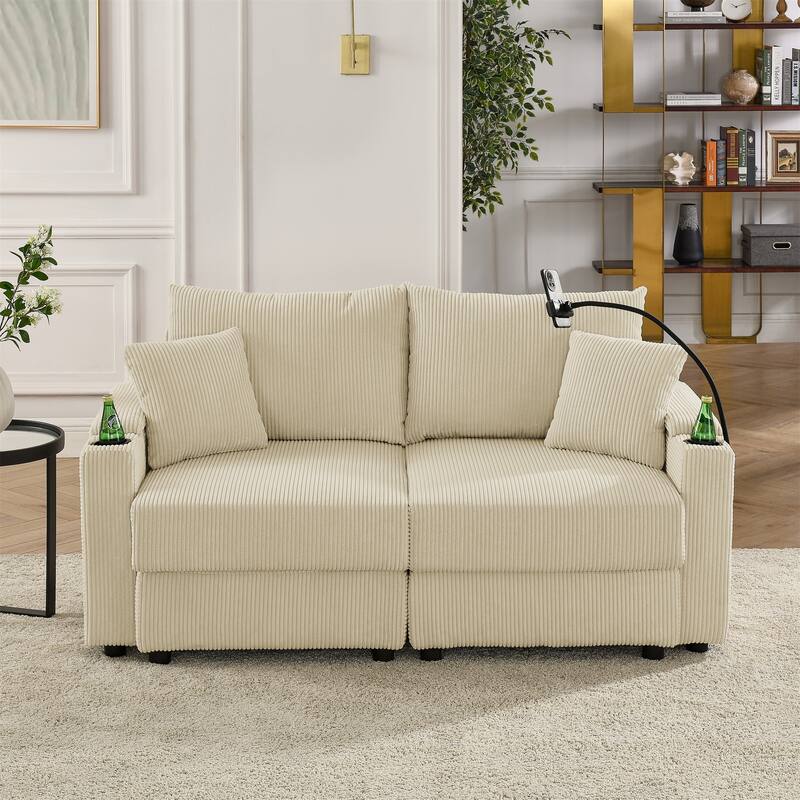 Corduroy Storage Loveseat Sofa Chair with Cup Holders and Phone Stand - Beige