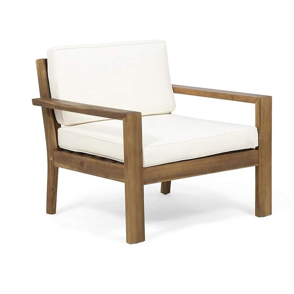 Outdoor Accent Chair, Slat Panel, Wire Brush Acacia Wood, Ivory Fabric