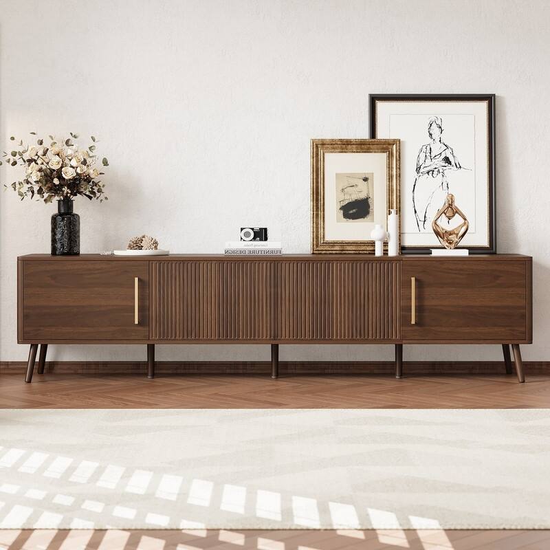 Modern Fluted 78" TV Stand for TVs up to 85", Entertainment Center TV Media Console Table with Storage Cabinets