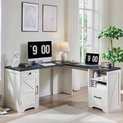 Modern Farmhouse Home Office Desk, Computer Desk with File Cabinet