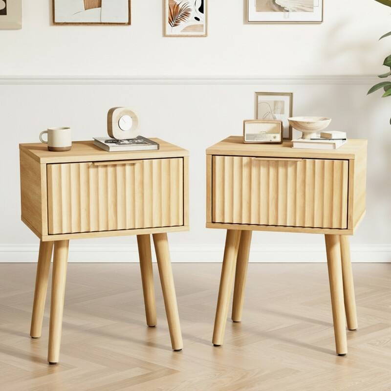 15.7"W Nightstand, Particleboard & MDF, Melamine & Vacuum Forming, 1 Drawer, High Leg (2 Pcs) - Oak