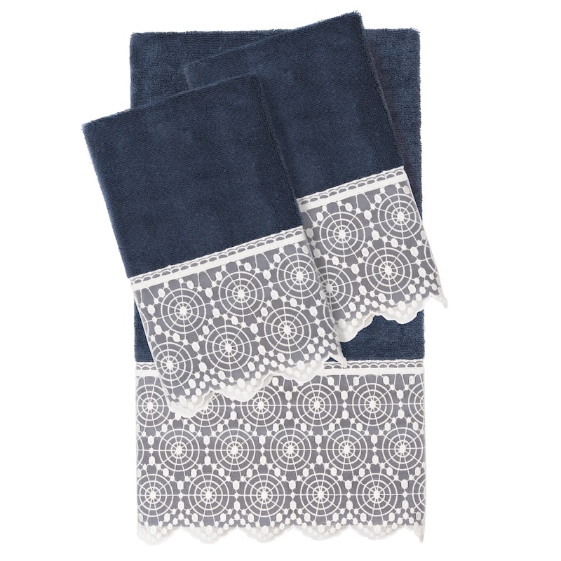 Authentic Hotel and Spa 100% Turkish Cotton Arian 3PC Cream Lace Embellished Towel Set - Navy