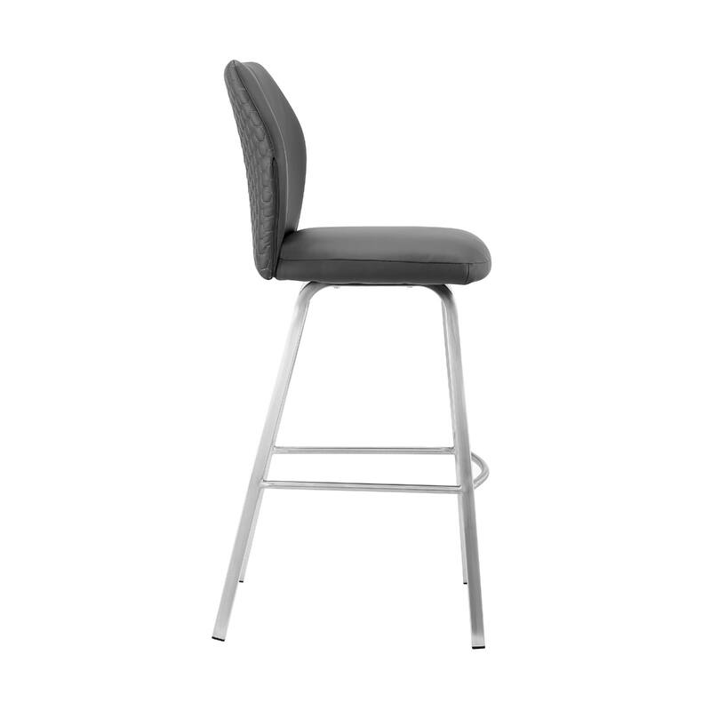 Grey Faux Leather Counter Height Bar Chair with Silver Iron Frame and Full Back - 22” x 17” x 38” (D x W x H)