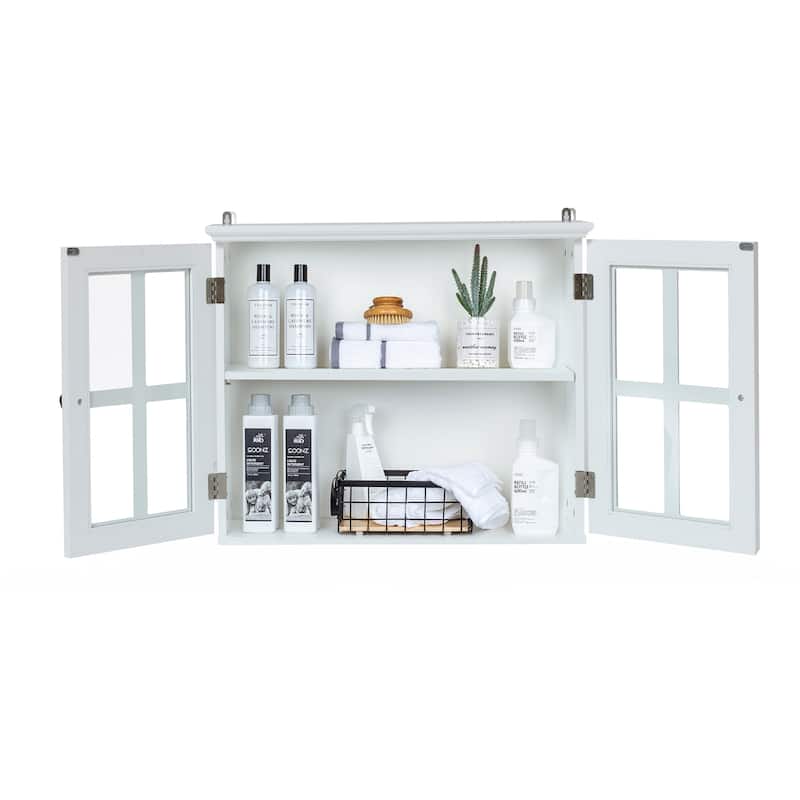White MDF Wood Glass Pane Bathroom Wall Cabinet - 19.9" H x 23.6" W x 7.5" D