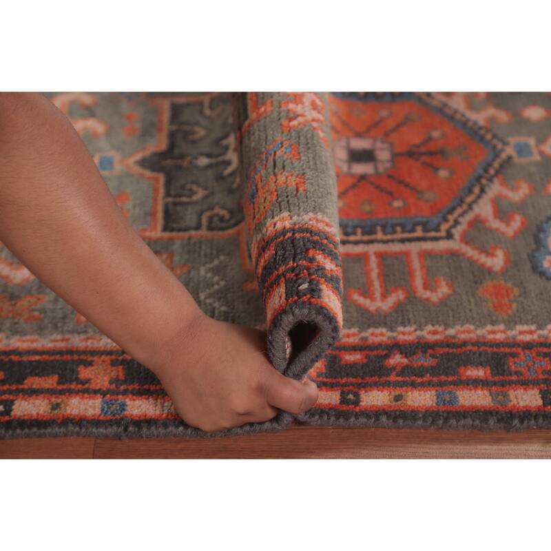 Geometric Kazak Runner Rug Handmade Grey Wool Carpet - 2'6"x 9'10"