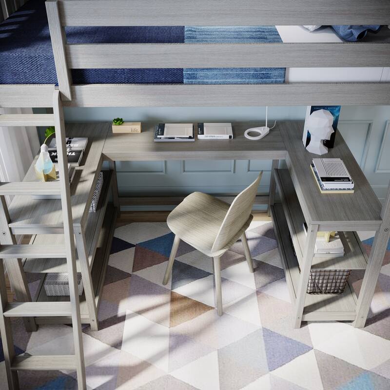 Max and Lily Twin Size High Loft Bed with Wraparound Desk and Shelves