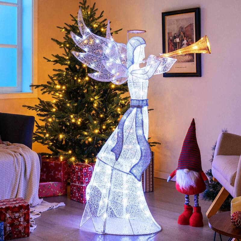 Christmas Angel w/ Trumpet Wings Lighted Winged Holiday Figure