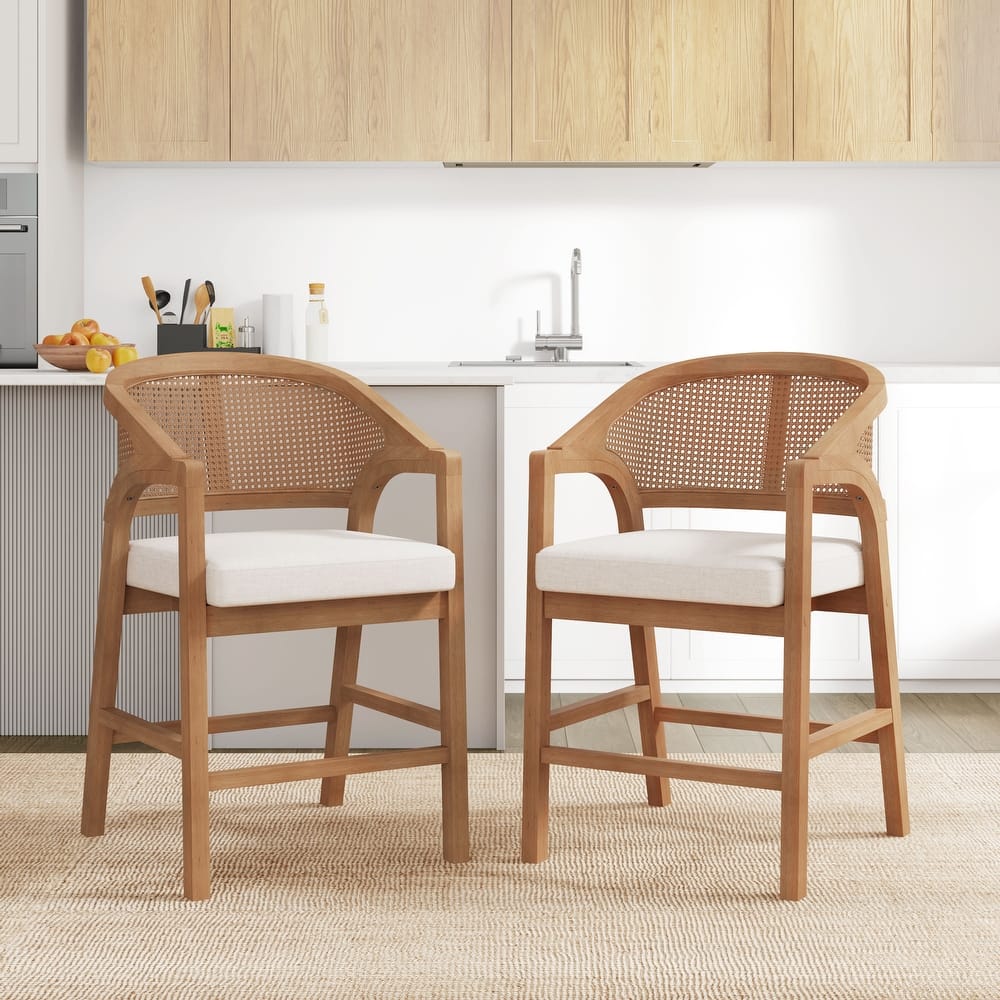 Christopher Knight Home - Harry Rubberwood Frame with Rattan Back Counter Stool (Set of 2)