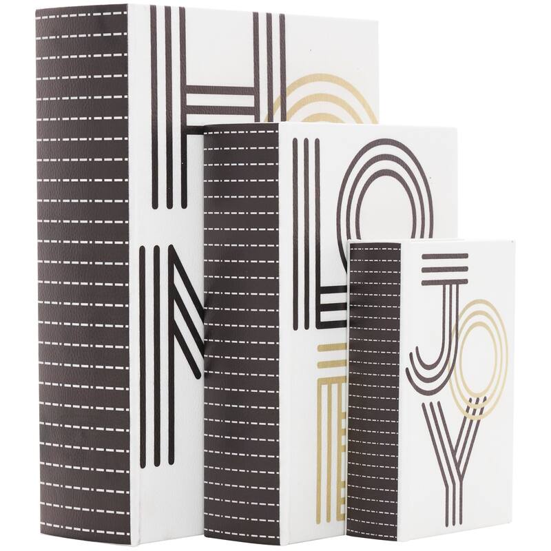 White Wooden Home, Joy Faux Storage Book Box with Striped Spine and Gold Accents (Set of 3)