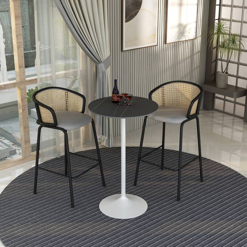 LeisureMod Verve 27" Bar Dining Table with Sintered Stone Round Top in White Steel, White Marbleized