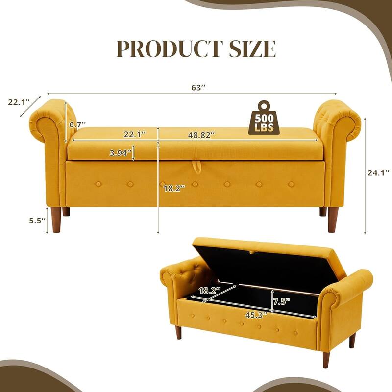 Multipurpose Rectangular Linen Sofa Stool with Large Space Saving Storage, 4 Rubber Wood Feet - 63 x 22.1 x 24.1 inch