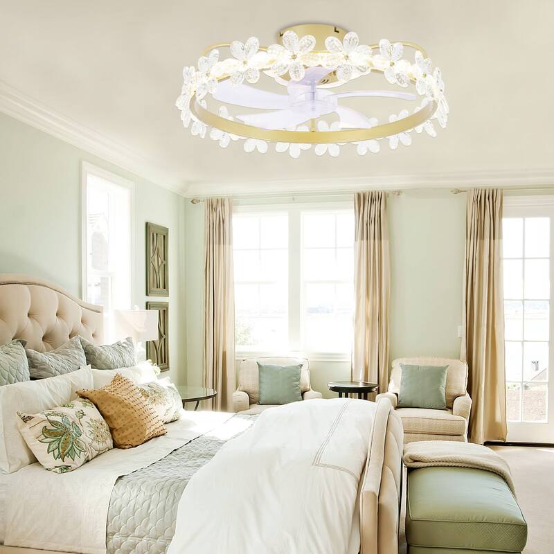 20" Modern Crystal Garland Ceiling Fan 6-Speed Dimmable Flush Mount Ceiling Fan with Remote and APP Control