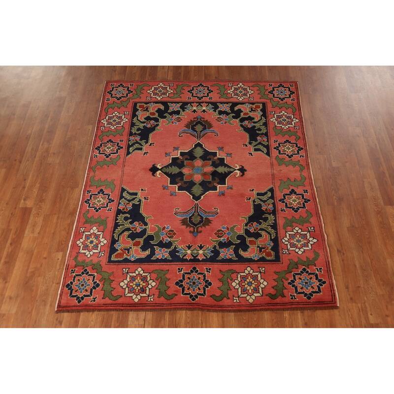 Geometric Anatolian Turkish Area Rug Hand-Knotted Pink Wool Carpet - 4'9"x 6'0"