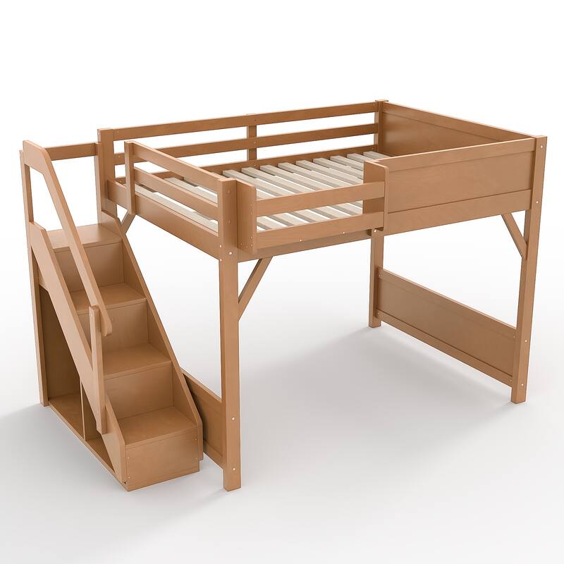 Full/Twin Loft Bed with Built-in Wardrobe, Storage & Stairs - Solid Wood, Full-Length Guardrails, No Box Spring