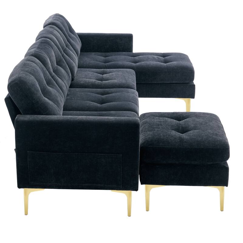 110.6" Velvet L-Shaped Sectional Sofa with Movable Ottoman and Storage Pockets