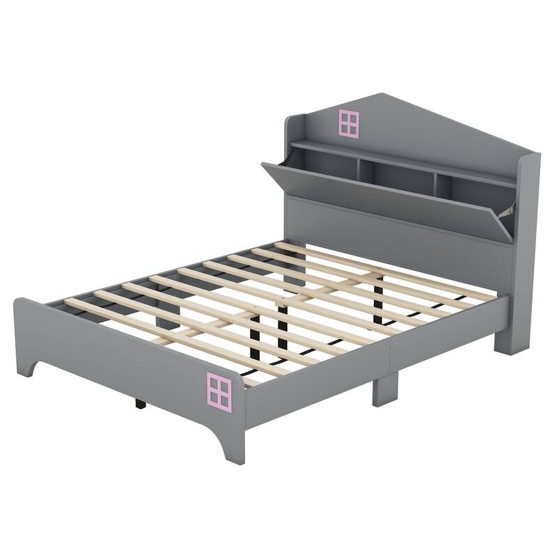 3-Pieces Bedroom Sets Twin Size House Bed with Storage Headboard, Wooden Nightstand and Storage Dresser,Gray