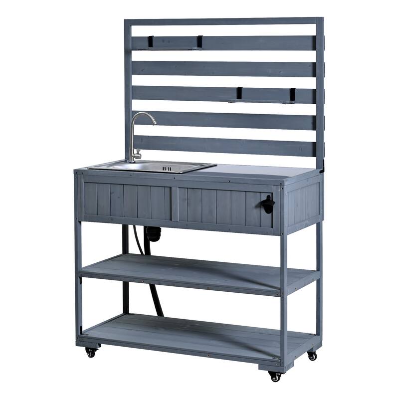 41.7'' Rolling Outdoor Kitchen Island, Solid Wood Kitchen Cart with Sink and Stainless Table Top