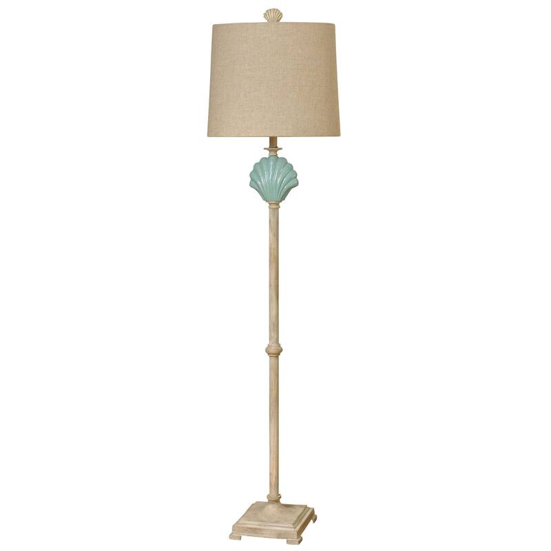 StyleCraft Gili Beach Ceramic Floor Lamp with Light Blue Shell - Beige Hardback Fabric Shade - Light Blue