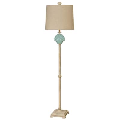 StyleCraft Gili Beach Ceramic Floor Lamp with Light Blue Shell - Beige Hardback Fabric Shade