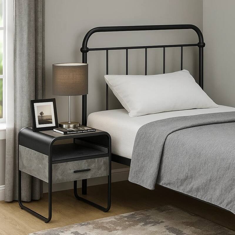 Ish 22 Inch Modern Wood End Table, 1 Drawer, Metal Handles, Gray , Black