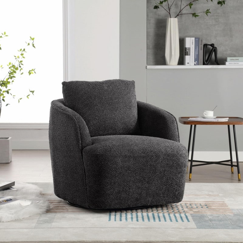 30.3" Bouclé Upholstered Swivel Accent Chair, 360° Round Barrel Club Chair Lounge Armchair - Charcoal