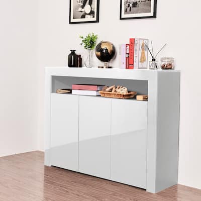 Black High Gloss with LED Light, Modern Kitchen Unit Cupboard Buffet Wooden Storage Display Cabinet TV Stand with 3 Doors