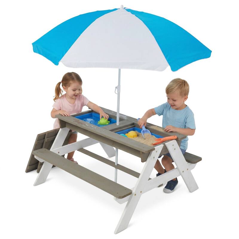 Wooden Kids Picnic Table, Sand and Water Table with Umbrella, Activity Table for Outdoor Backyard Patio Play