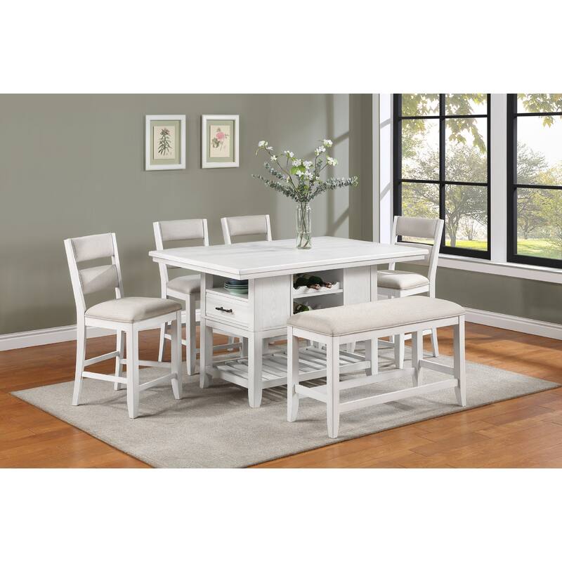 6-Piece Counter Height Dining Set Rectangular Table Wine Bottle Storage Upholstery Chairs