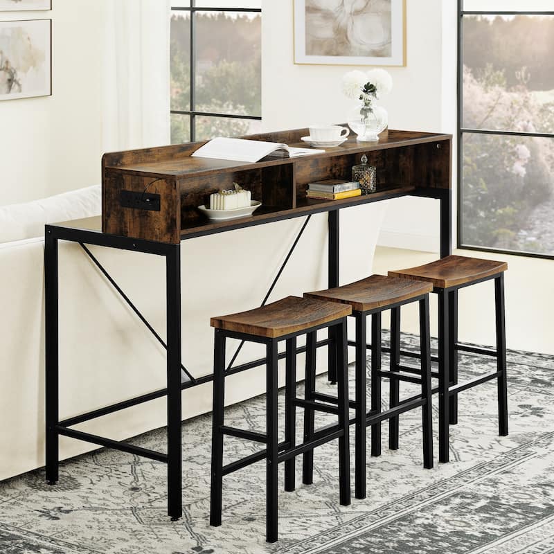 59 Inch Bar Table, Dining Table, Sofa Table with Power Socket and Led Light, 3 Saddle Stools, 4-Piece Bar Table and Chairs Set