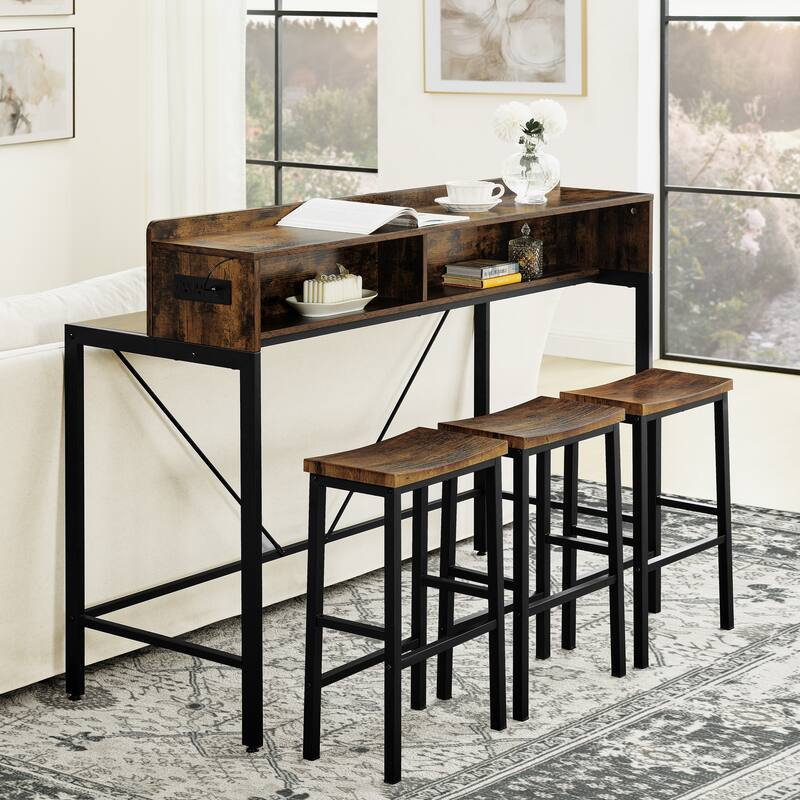 59 inch bar table, dining table, sofa table with power socket and LED light, 3 saddle stools, 4-piece bar table and chai - Brown