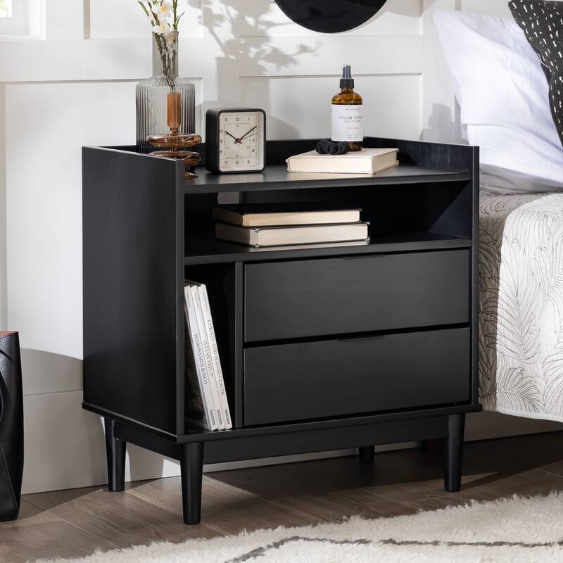 Black Mid-Century Modern Solid Wood 2-Drawer Nightstand