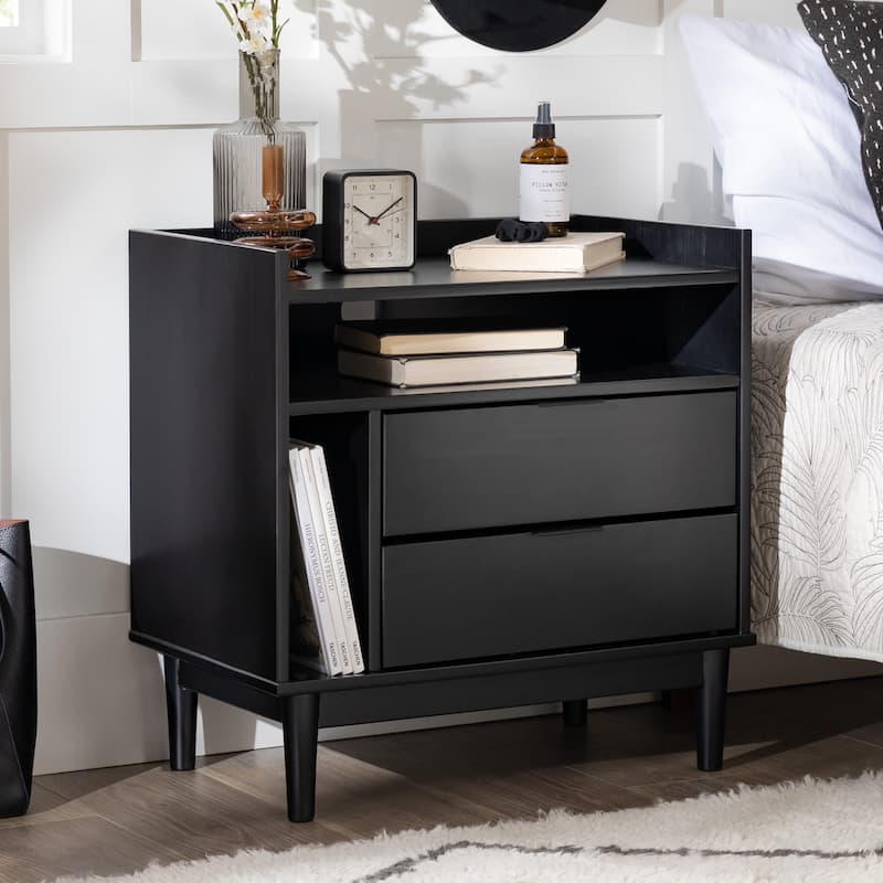 Mid-Century Modern Solid Wood 2-Drawer Gallery Nightstand for Living Room, Bedroom and Office