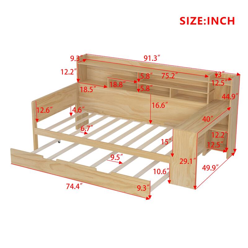 Space-Saving Twin/Full Size Daybed with Trundle and Study Desk, Wooden Platform Bed with Storage Shelves