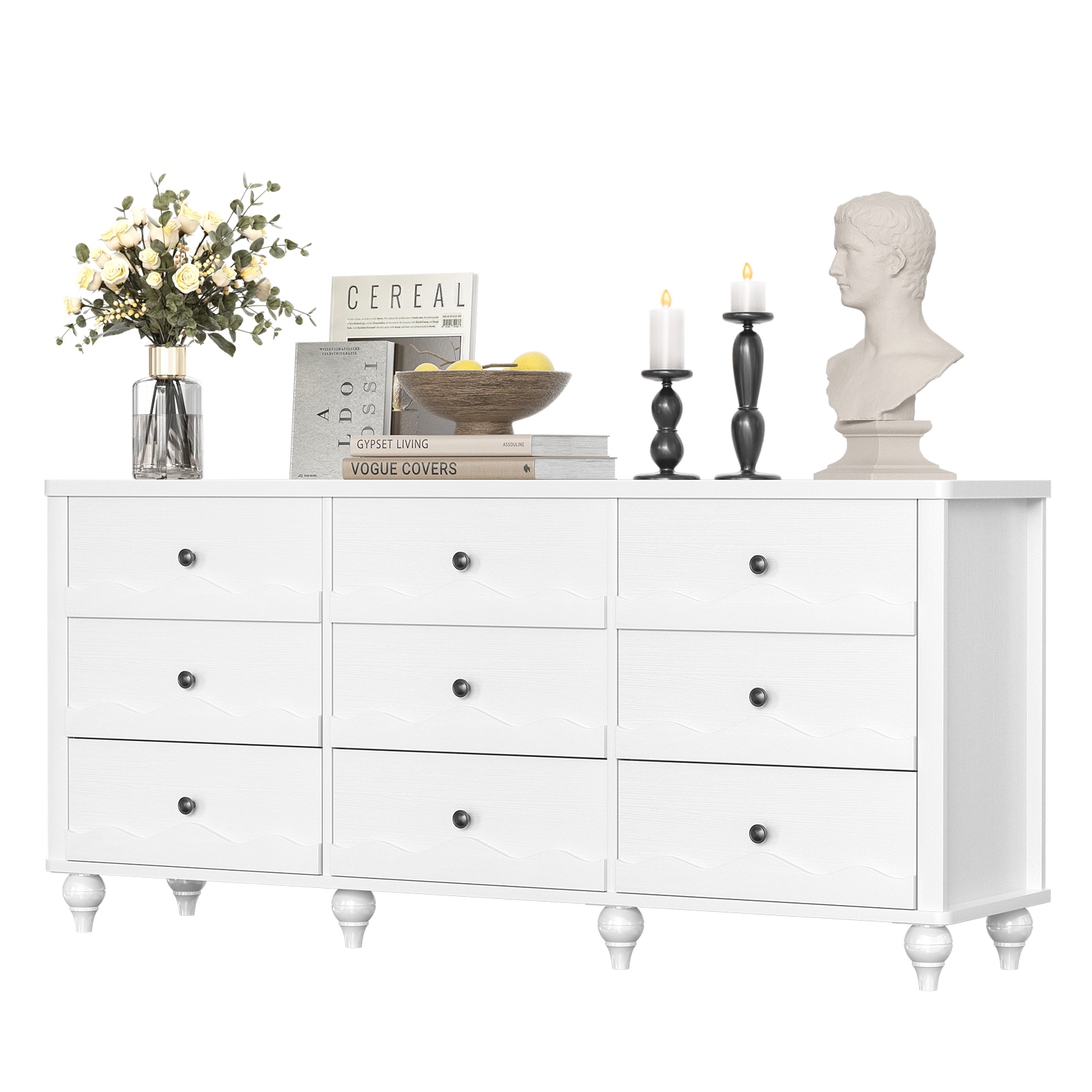 Narill Wave-Inspired 9-Drawer Dresser Closet Organizer, 63-In Chest of Drawers TV Stand