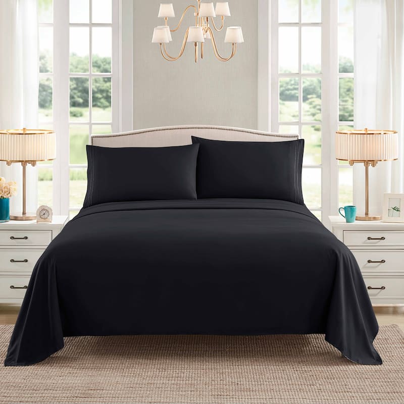 Embroidered 4-piece Bed Sheet Set - Full - Black
