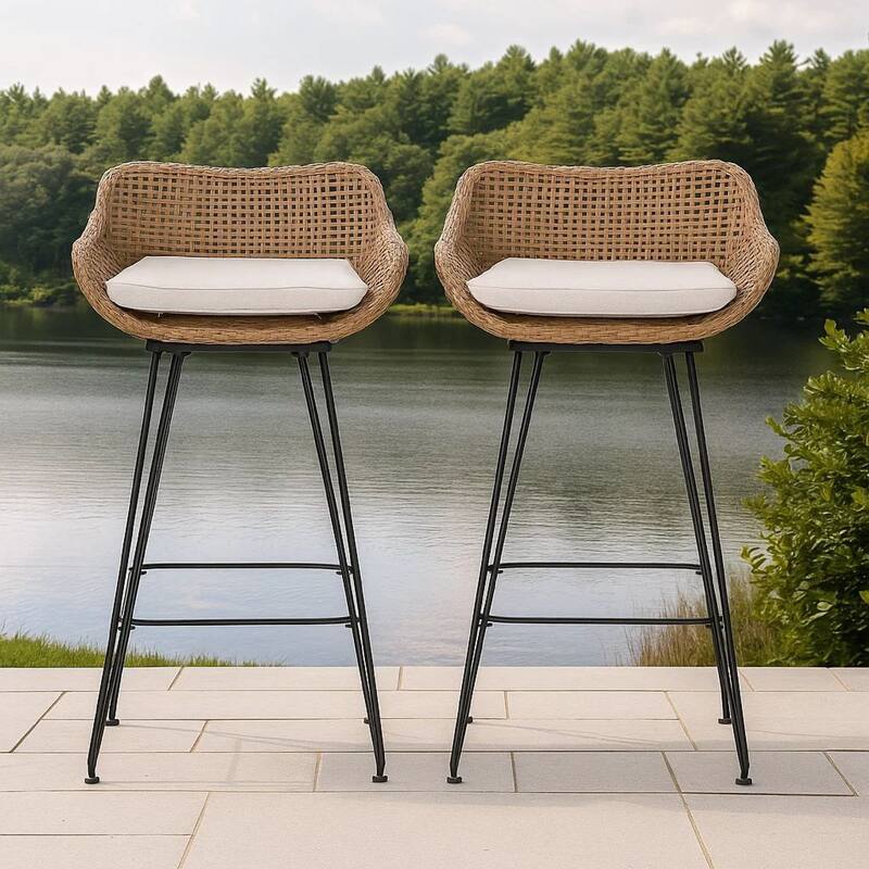 Outdoor Barstool Chair Set of 2, Beige Fabric, Brown Rattan, Black