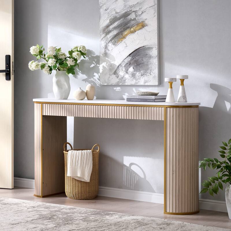 Modern 63" Fluted Console Table, Faux Marble Texture Top, Entry Table - White Alder