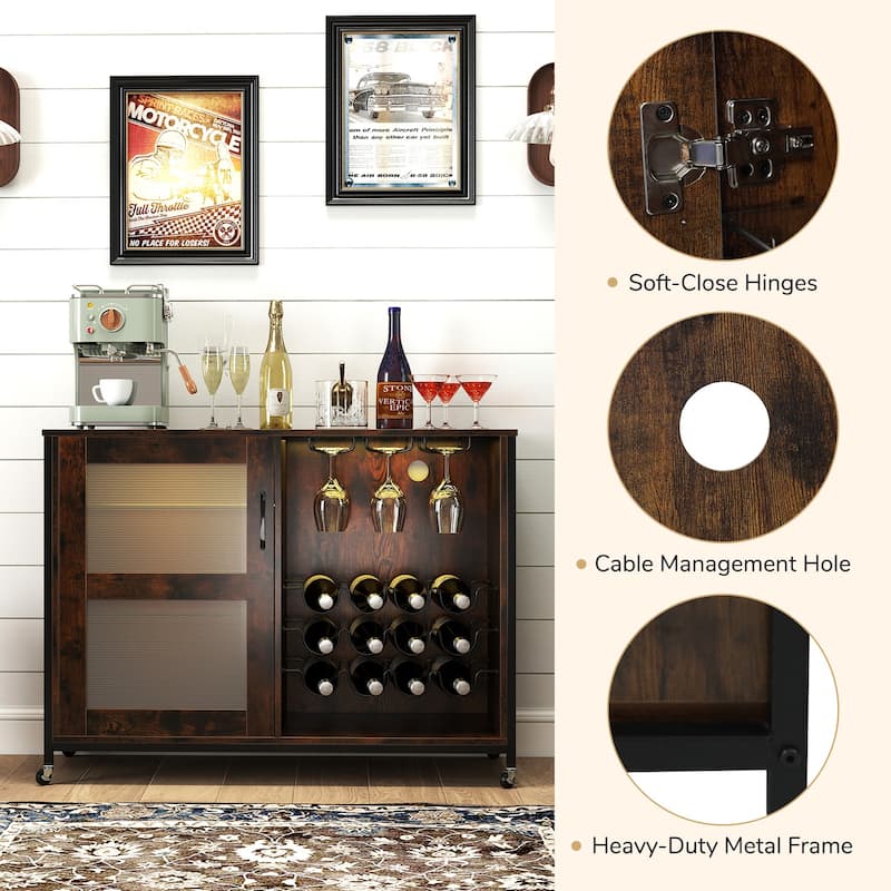 Gymax Wine Bar Cabinet w/ Wheels LED Lights Storage Shelves Glass