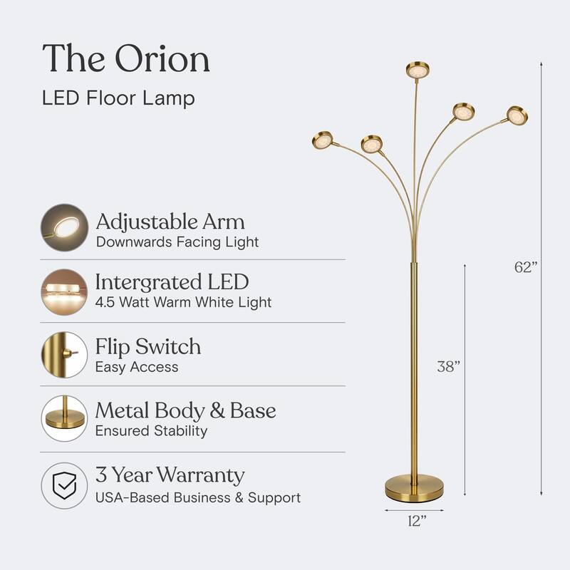 Brightech Orion 70 in. Antiqued Brass Contemporary Modern 5-Light LED Super Bright Floor Lamp with 5 Adjustable Swing Arm Heads