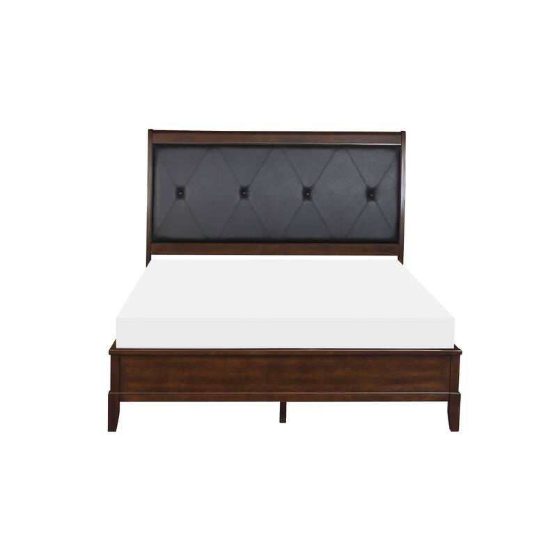 Queen Size Faux Leather Sleigh Bed with Button-Tufted Headboard and Birch Veneer Frame - Brown Mix