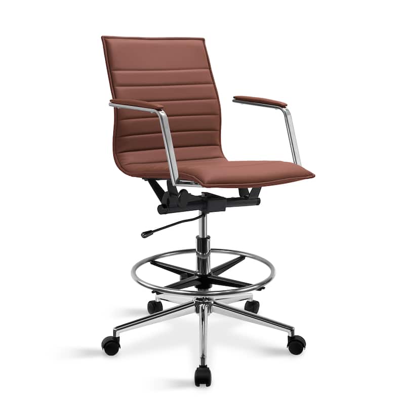 Modern Drafting Chair | Upholstered PU Leather Ribbed Mid Back with Tall Adjustable Base & Leg Rest | Tilt Lock, Swivel |