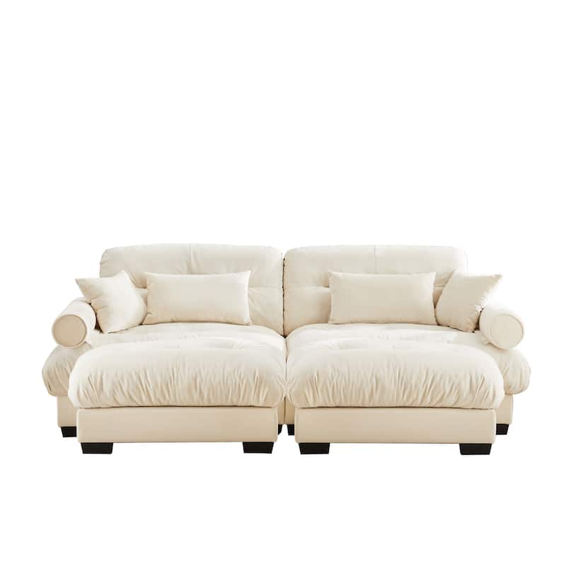 Loveseat Sofa Set 93.7" 2-Seater Modular Velvet Couch with Ottoman, Round Arms and Throw Pillows for Living Room, Office