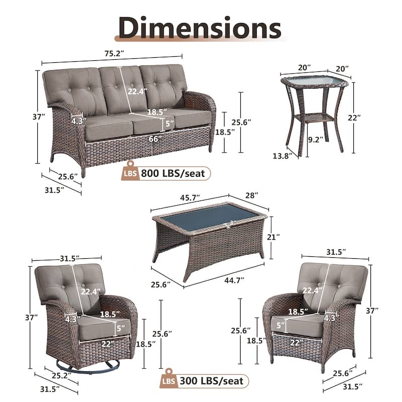 TWrap 7-Piece Patio Brown Wicker Sofa Conversation Set with 5-Inch Thick Cushions