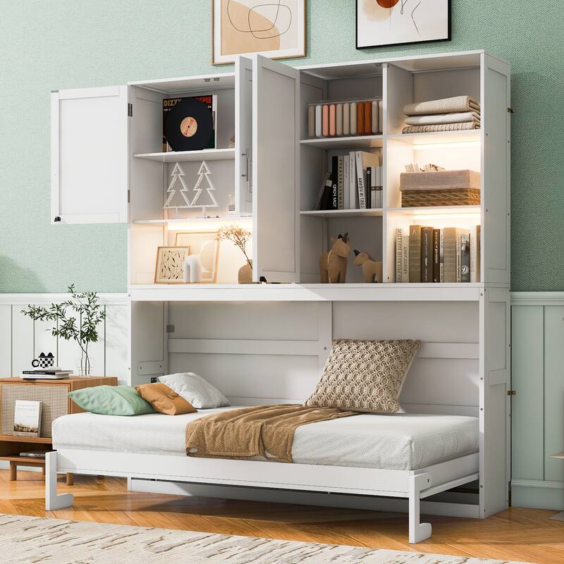 Twin Murphy Bed with Fold-Up Storage Design - White