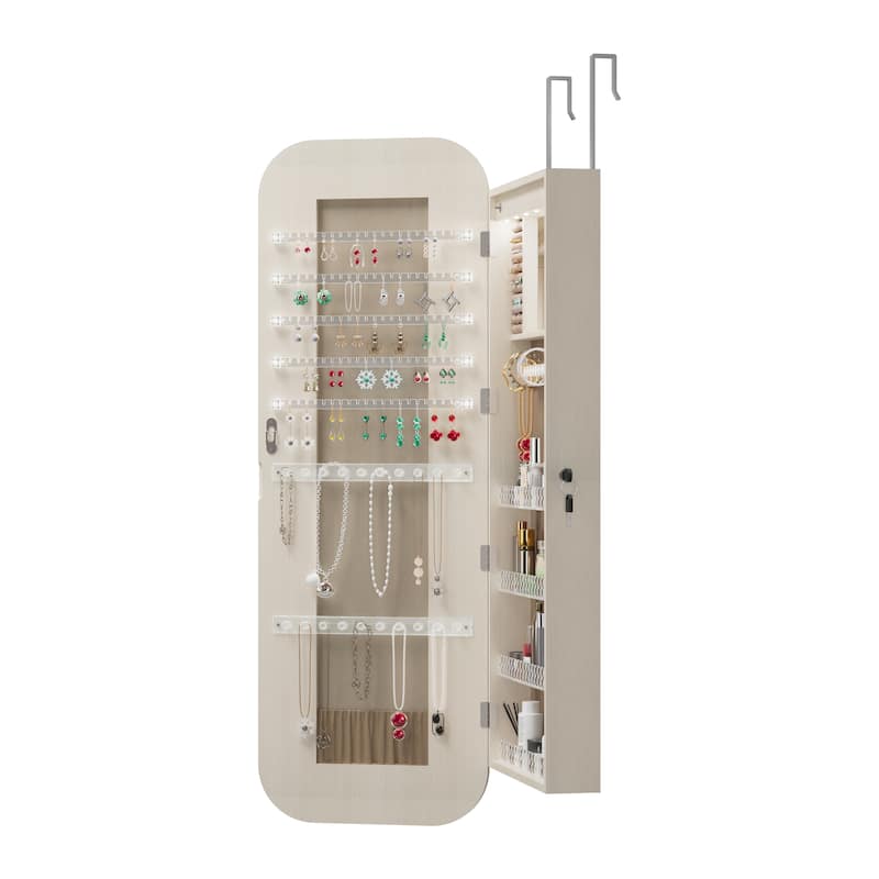 Jewelry Armoire Organizer with Full Length Mirror, Door or Wall Mounted,Lockable Storage Cabinet, Interior Mirror, White