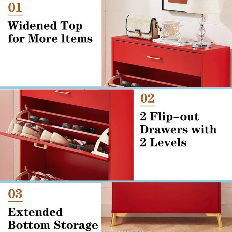 Freestanding Shoe Cabinet for Entryway, with 2 Flip Doors and Drawer - 32'W x 10''D x 43''H