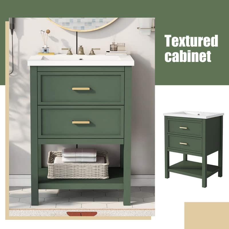 24" Bathroom Vanity with Top Sink, 2 Drawers and Open shelf