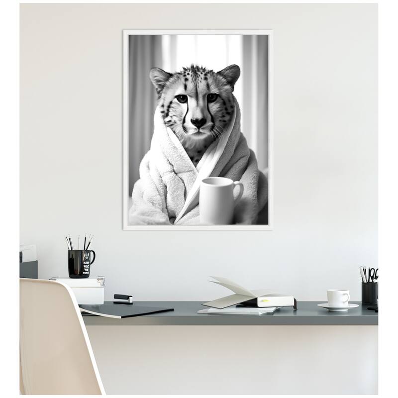 Kate and Laurel Sylvie Cheetah Bathroom Art Towel Robe Black and White Framed Canvas by The Creative Bunch Studio