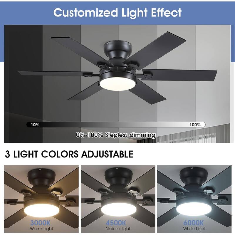 46/52 inch Flush Mount Ceiling Fan with Light,Remote and APP Control,6 Dual Side Blades,Reversible DC Motor